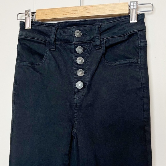 American Eagle Super High Rise Jegging 00 skinny jeans‎ black ripped button fly - Picture 2 of 12